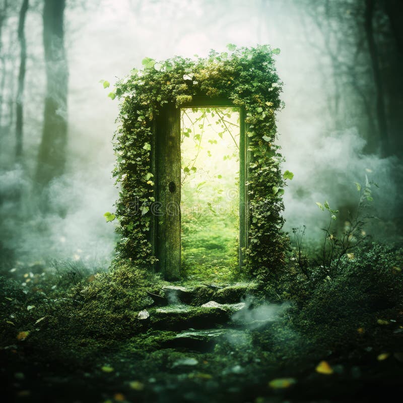 Mystical forest doorway covered in ivy and moss stock images