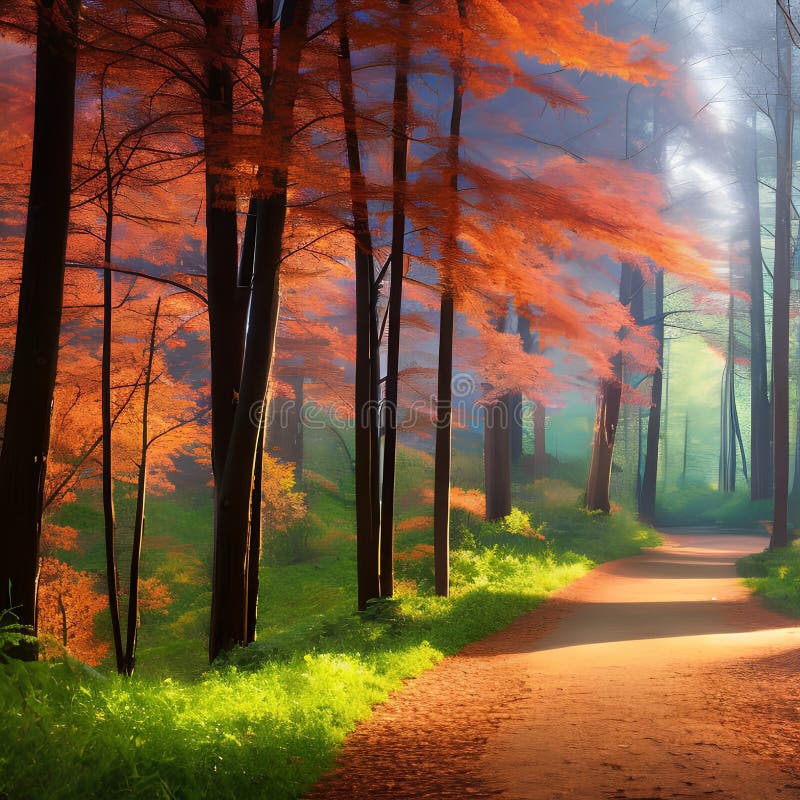A mystical forest with glowing trees and a pathway leading into the distance1, Generative AI stock illustration