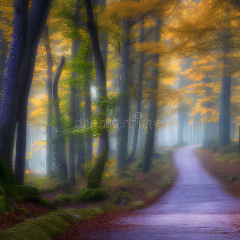 A mystical forest with glowing trees and a pathway leading into the distance2, Generative AI royalty free illustration