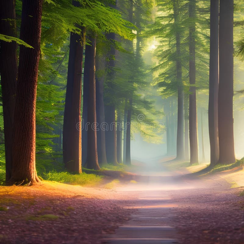 A mystical forest with glowing trees and a pathway leading into the distance3, Generative AI stock illustration