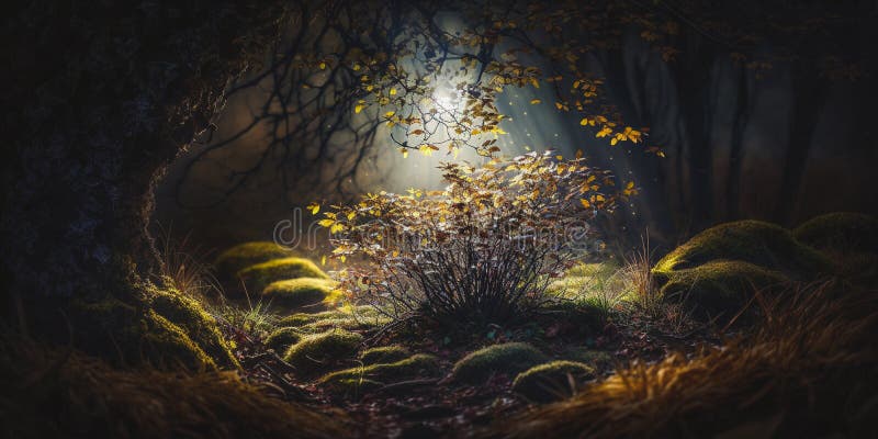 Mystical forest with morning sunlight royalty free illustration