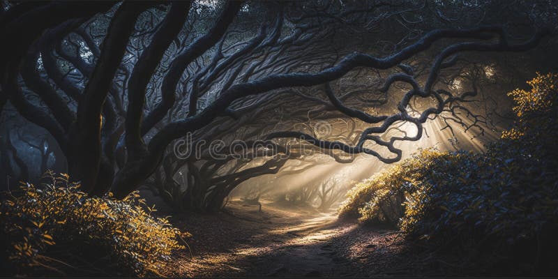 Mystical forest with morning sunlight vector illustration