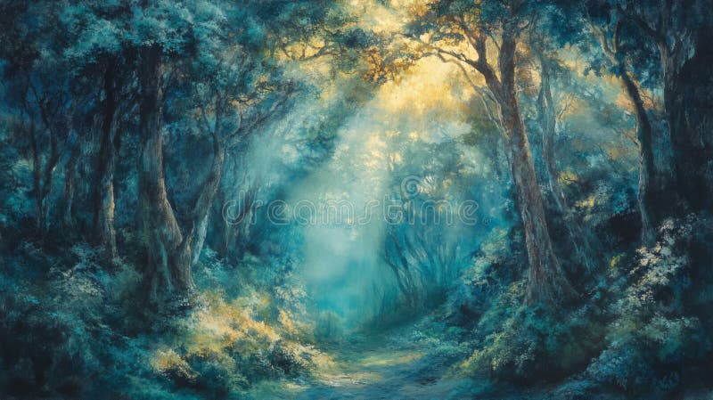 Mystical Forest Path: Dark Green And Blue Hues vector illustration