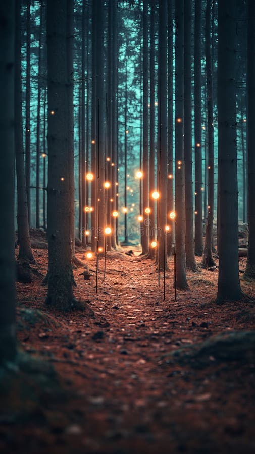 The mystical forest path is illuminated by a starry night sky in a tranquil evening setting stock photo