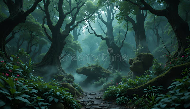 Mystical Forest Path : Lush Green Vegetation Mossy Rocks and Ancient Trees in a Digital Painting royaltyfri illustrationer