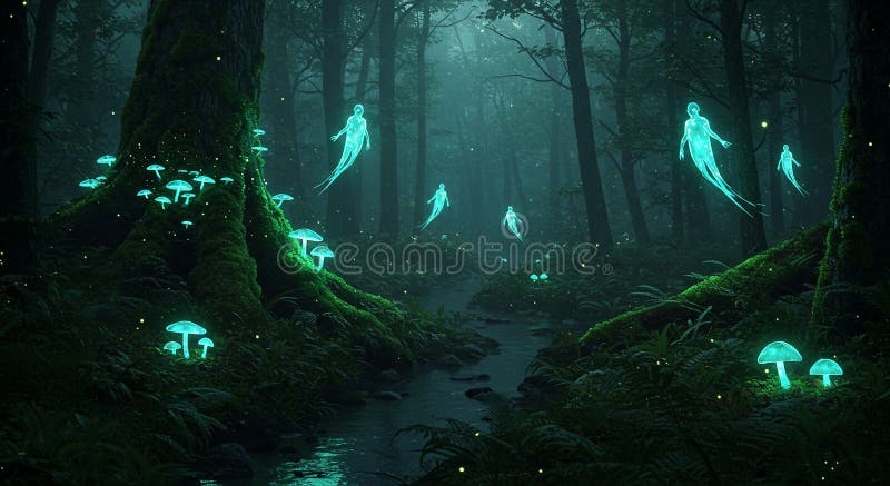A mystical forest scene features ethereal, glowing humanoid spirits floating royalty free illustration