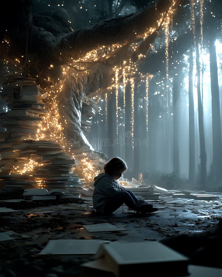 A mystical forest scene features a large, ancient tree integrated with stacks of royalty free illustration