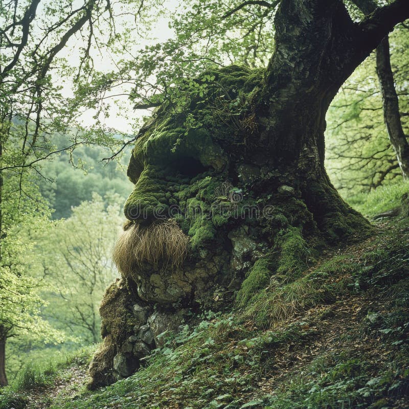 Ancient Tree With Mossy Face in Enchanted Forest royalty free illustration
