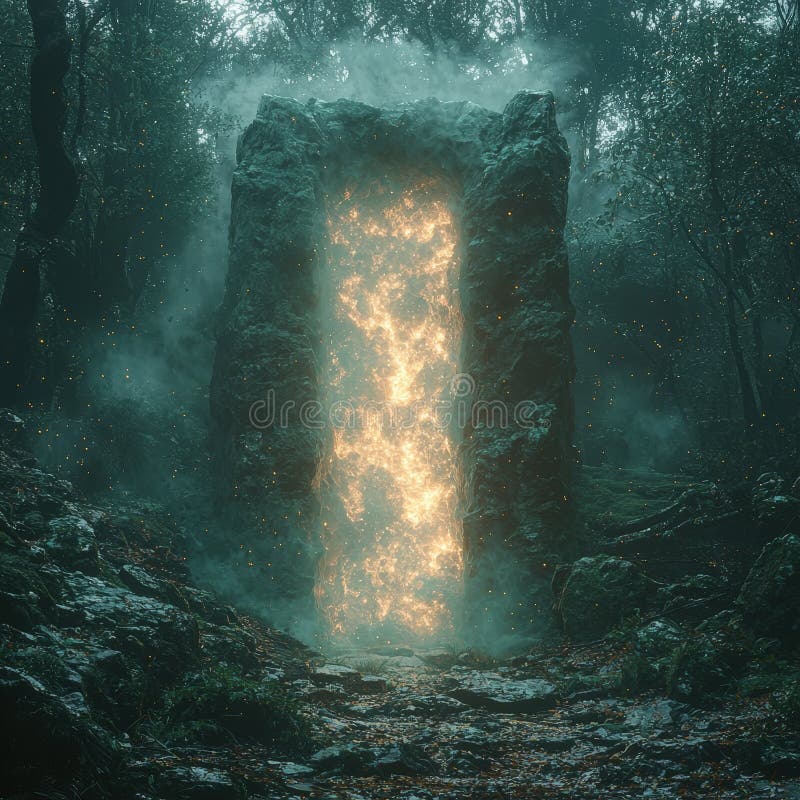 Enchanted stone portal with fiery energy in a forest stock photo