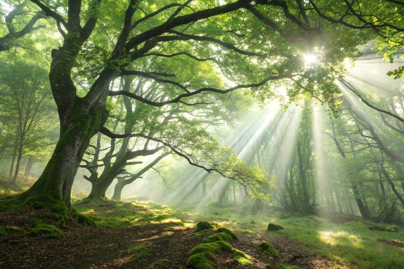 Mystical forest sunlight stock illustration