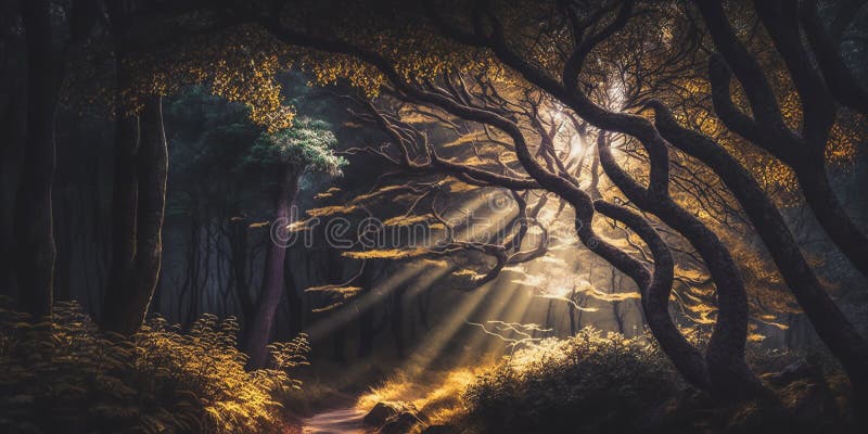 Mystical forest with morning sunlight stock illustration