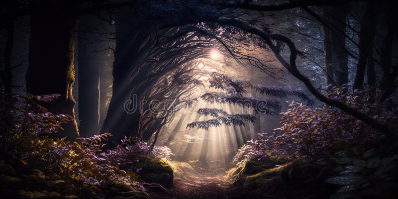Mystical forest with sunlight royalty free illustration