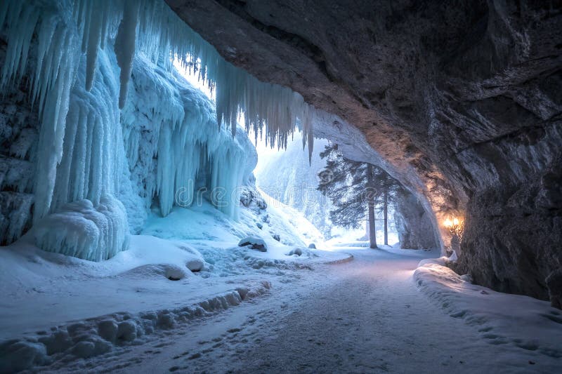 Mystical frozen cave with dramatic lighting royalty free illustration