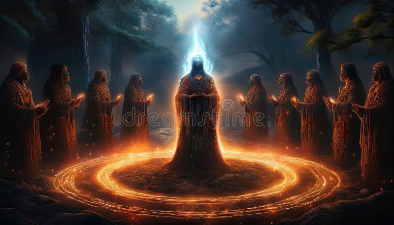Mystical gathering of ancient wizards casting