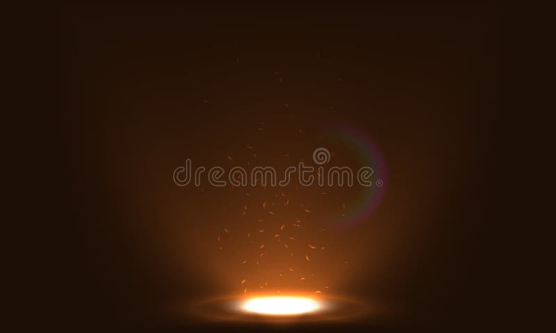 Mystical glowing circle with spark particles and warm orange light on dark background. Magical portal or fantasy spotlight effect vector illustration