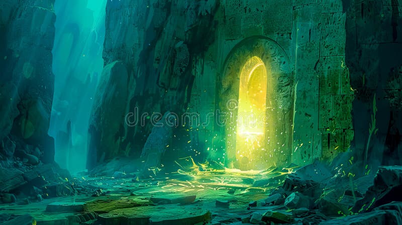 Mystical glowing doorway in an ancient ruin royalty free stock photography