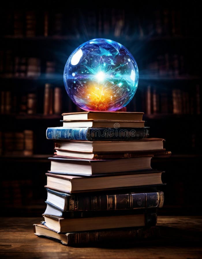 Mystical glowing orb atop a stack of ancient books royalty free stock image