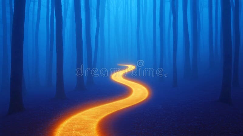 Mystical glowing path through a dark forest at dusk royalty free illustration