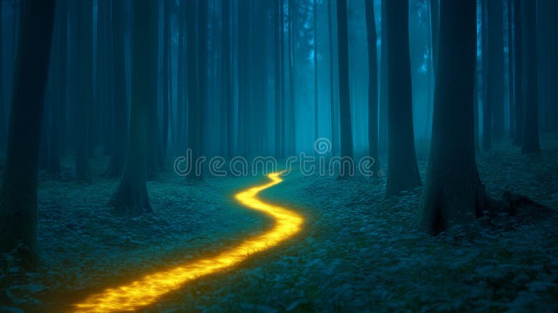 Mystical glowing path winds through a dark forest at night vector illustration