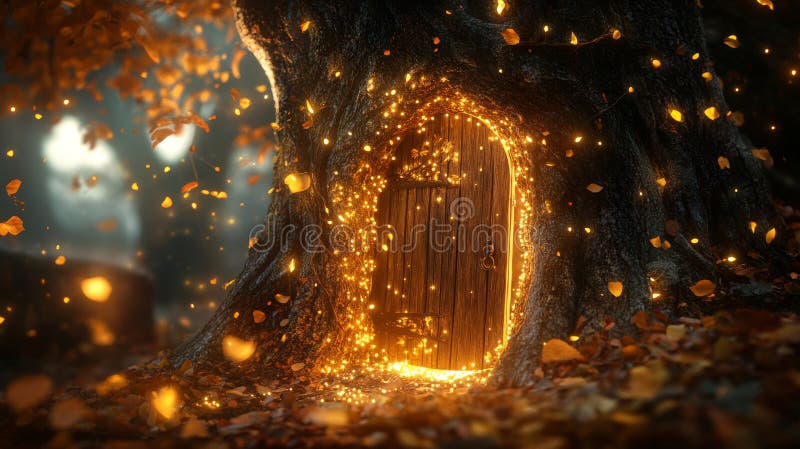 Mystical glowing tree door in a magical autumn forest stock image