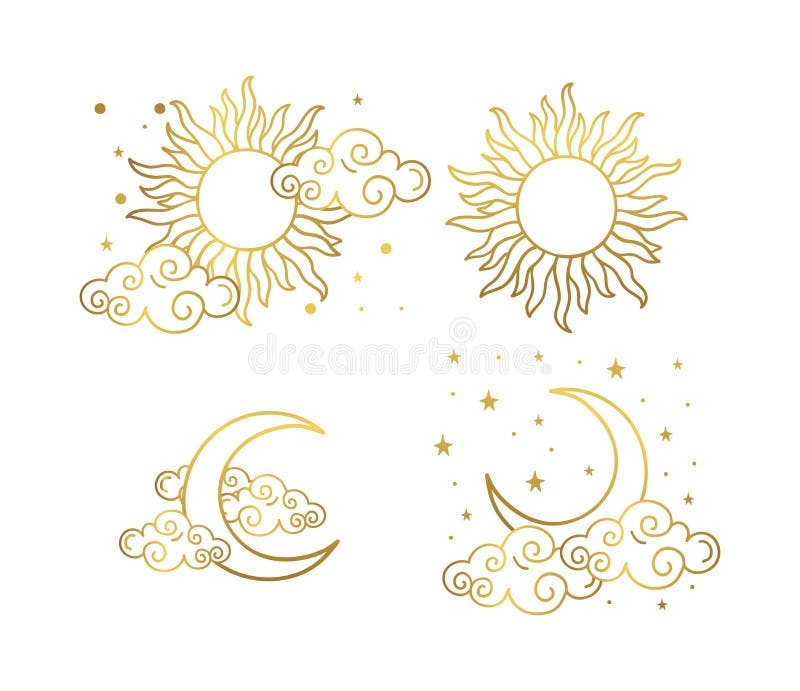 Mystical gold boho style tattoos with sun, crescent, stars and clouds. Linear design, gold foil. A set of elements for royalty free illustration