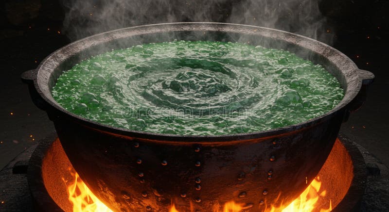 Mystical Green Potion : En mörkt kantering av Cauldron Scene vektor illustrationer