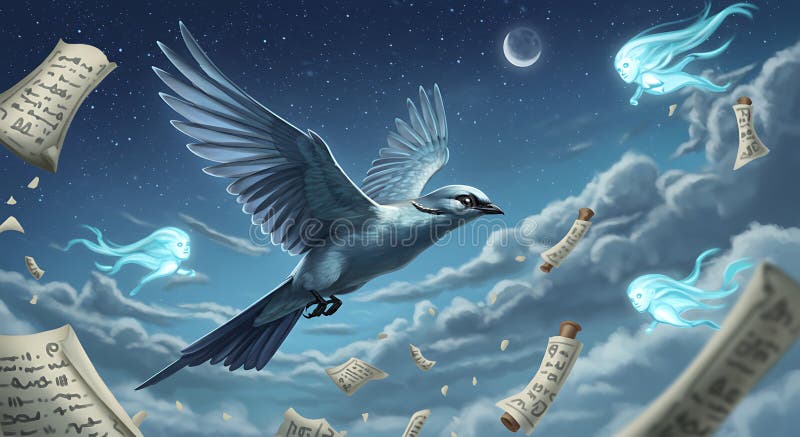 Mystical Journey : Blåfågelflygning genom kelestiala drömmar och antika kullar royaltyfri illustrationer