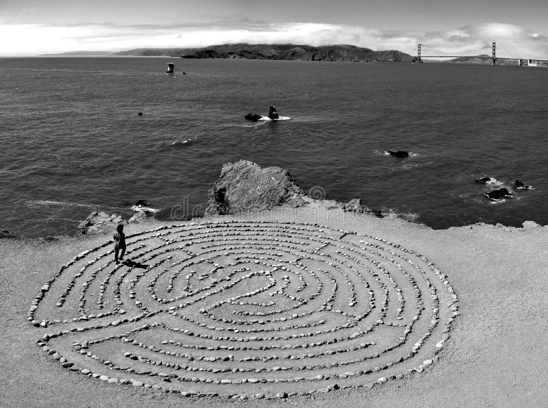 Mystical Labyrinth at lands end in San Francisco with view at the famous golden gate bridge, California, USA