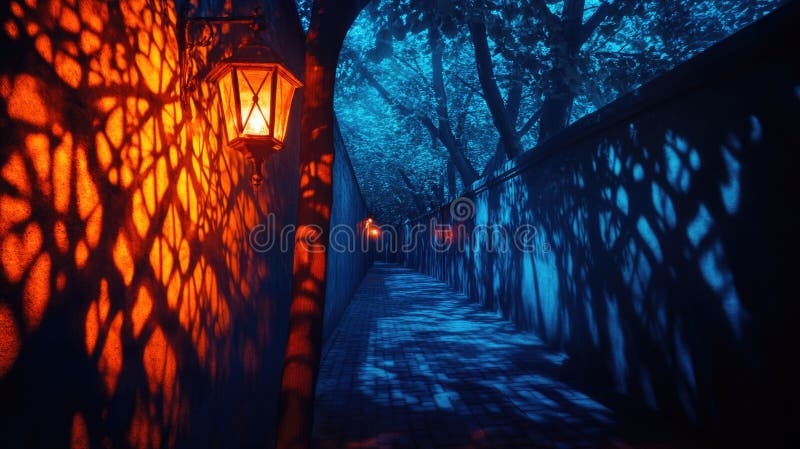 Mystical lantern lit pathway with tree shadows at night. Halloween, All Hallows Eve, Samhain - Spooky Holiday Season stock photography