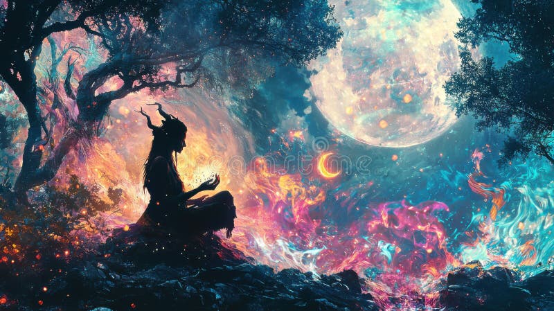 Mystical Moonlit Forest : A Fantasy Silhouette royaltyfri illustrationer