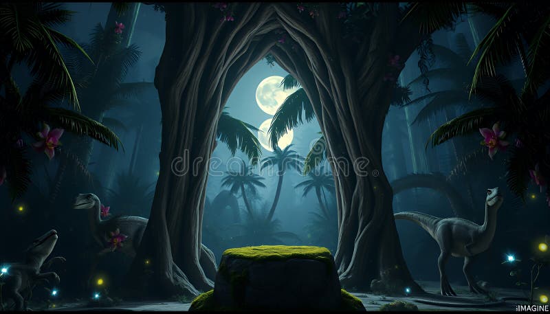 Mystical Moonlit Jungle : Pixel Art Dinosaurs och Ancient Archway stock illustrationer