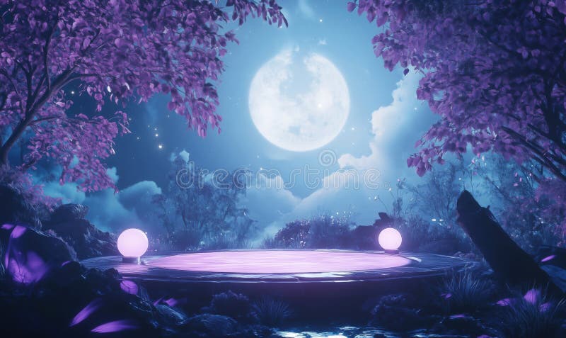 Mystical moonlit scene with glowing orbs, serene landscape, vibrant purple foliage, and tranquil water stock photography