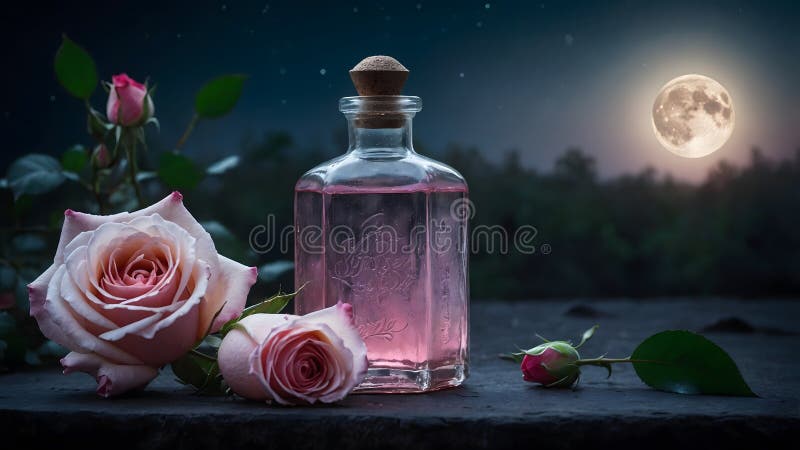 Moonlit Serenity: Rose Water and Roses Under the Full Moon stock photo