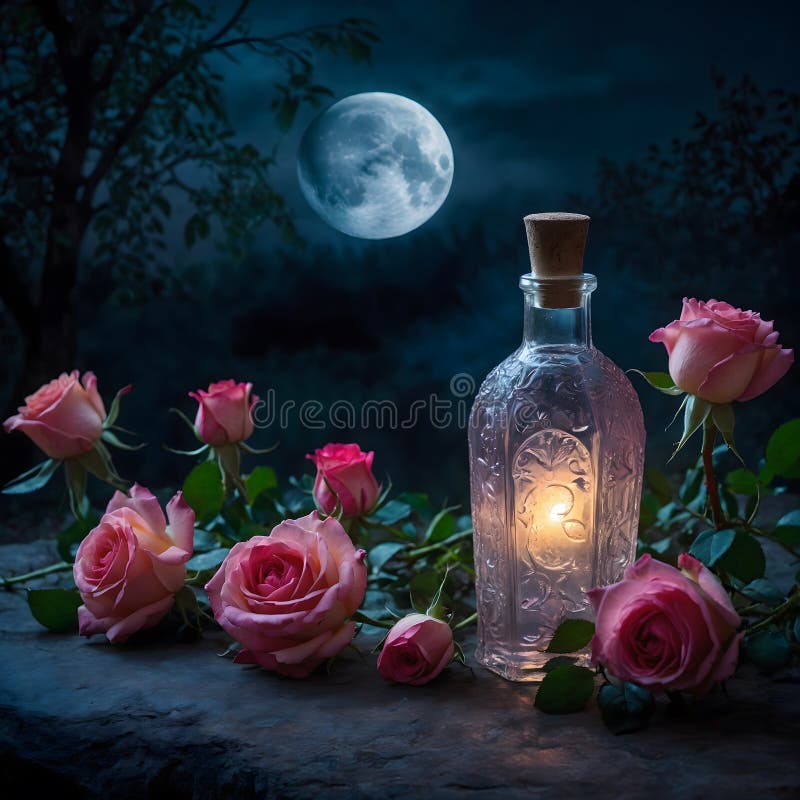 Full Moon Glow: Rose Water and Roses Bathed in Moonlit Serenity stock images