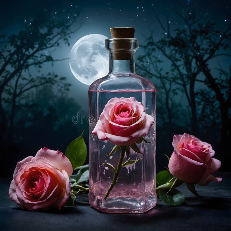 Serenity in Moonlight: Rose Water and Roses Illuminated by the Full Moon stock image