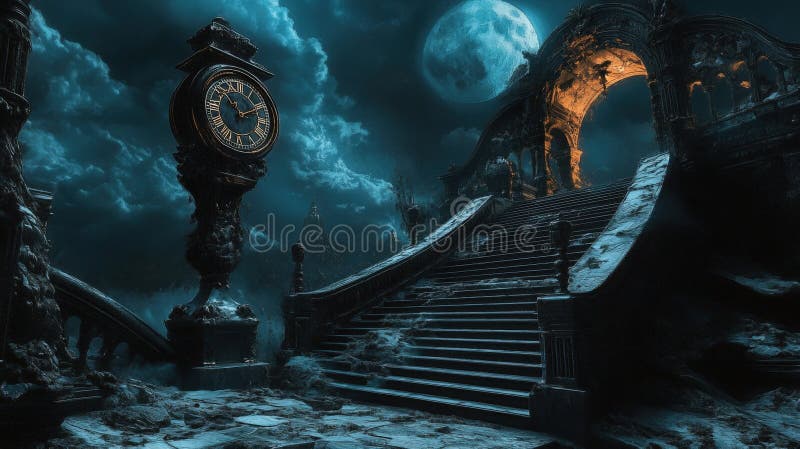 Moonlit scene with grand staircase and vintage clock stock photos