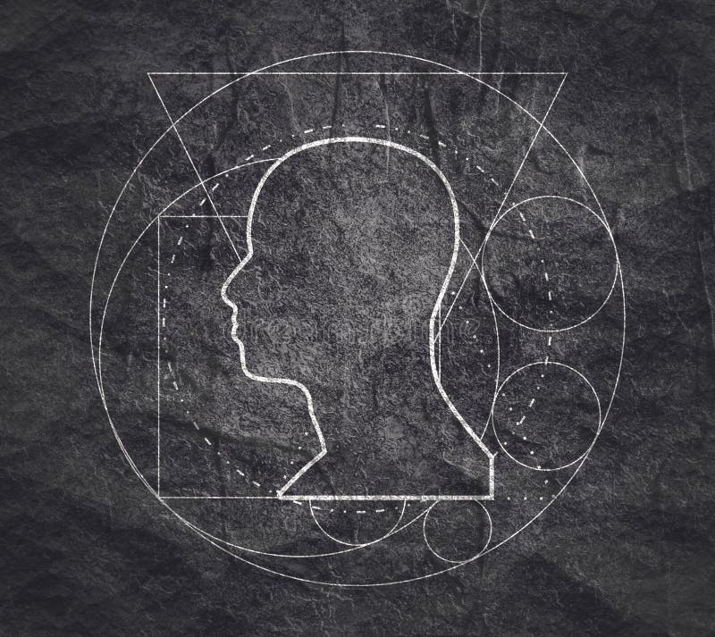 Mystical geometry symbol. Linear alchemy, occult, philosophical sign. For music album cover, poster, sacramental design. Astrology and religion concept. Outline silhouette of human head. Mystical geometry symbol. Linear alchemy, occult, philosophical sign. For music album cover, poster, sacramental design. Astrology and religion concept. Outline silhouette of human head