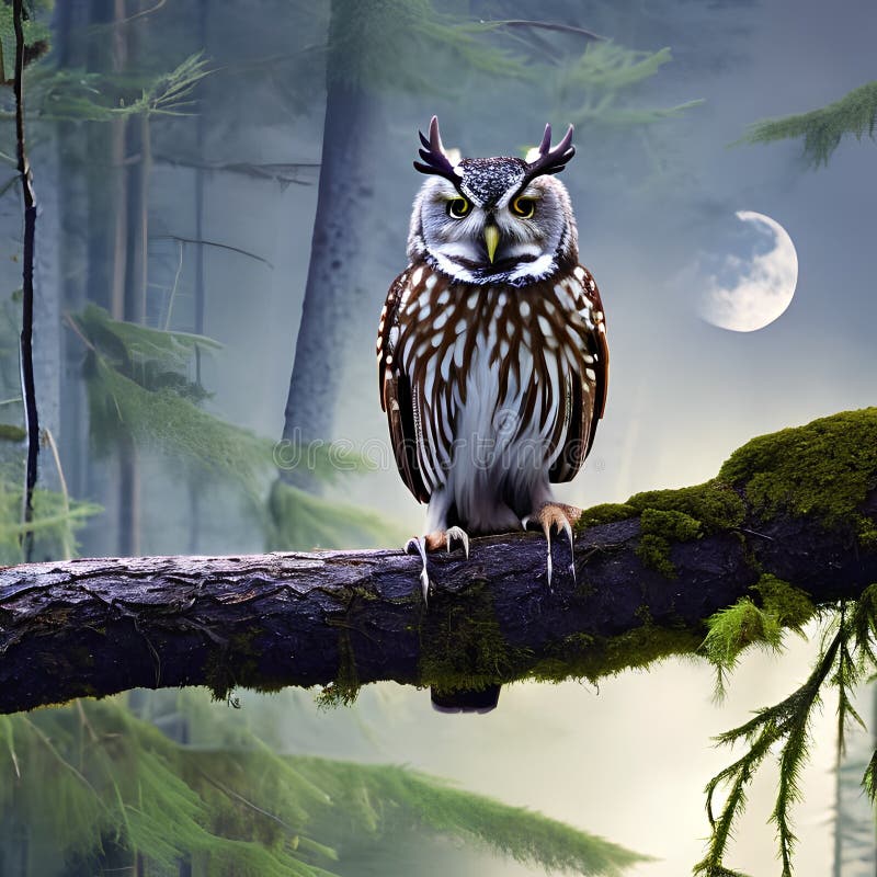 A Mystical Owl with Antlers, Perched on a Mosscovered Branch in a