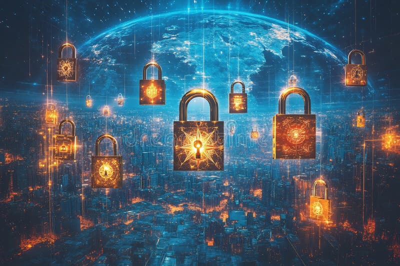 Mystical Padlocks Floating in an Ethereal Plane Over a Digitized Terrestrial Map royalty free illustration