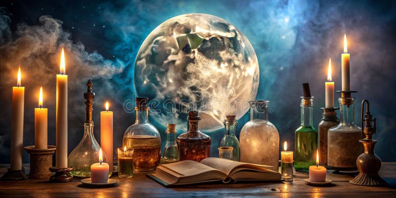 A mystical potion brewing under the light of a full moon surrounded by flickering candles and ancient spell books Generative By vector illustration
