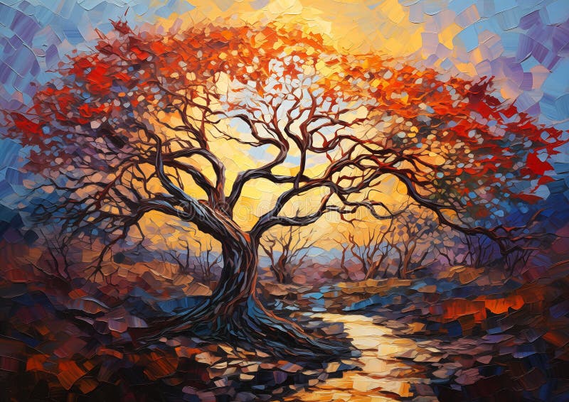 Mystical Puzzles: a Colorful Journey through the Enigmatic Tree Stock Illustration 