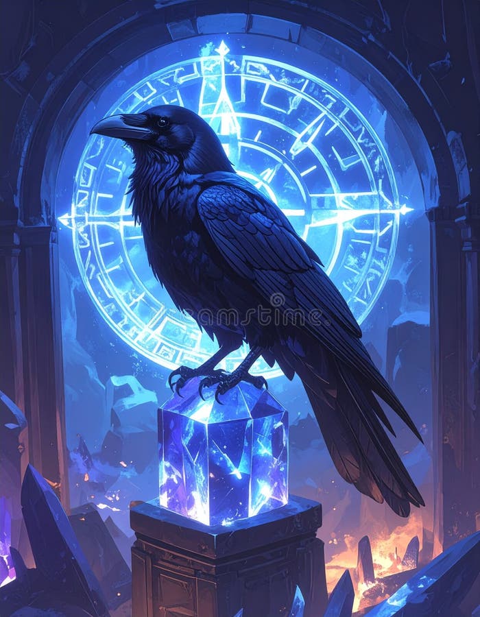Mystical Raven Perched on Glowing Crystal Before Cosmic Circle royalty free illustration