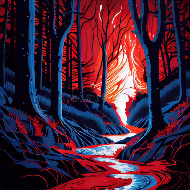 Mystical Red Blue Forest Ai Generated