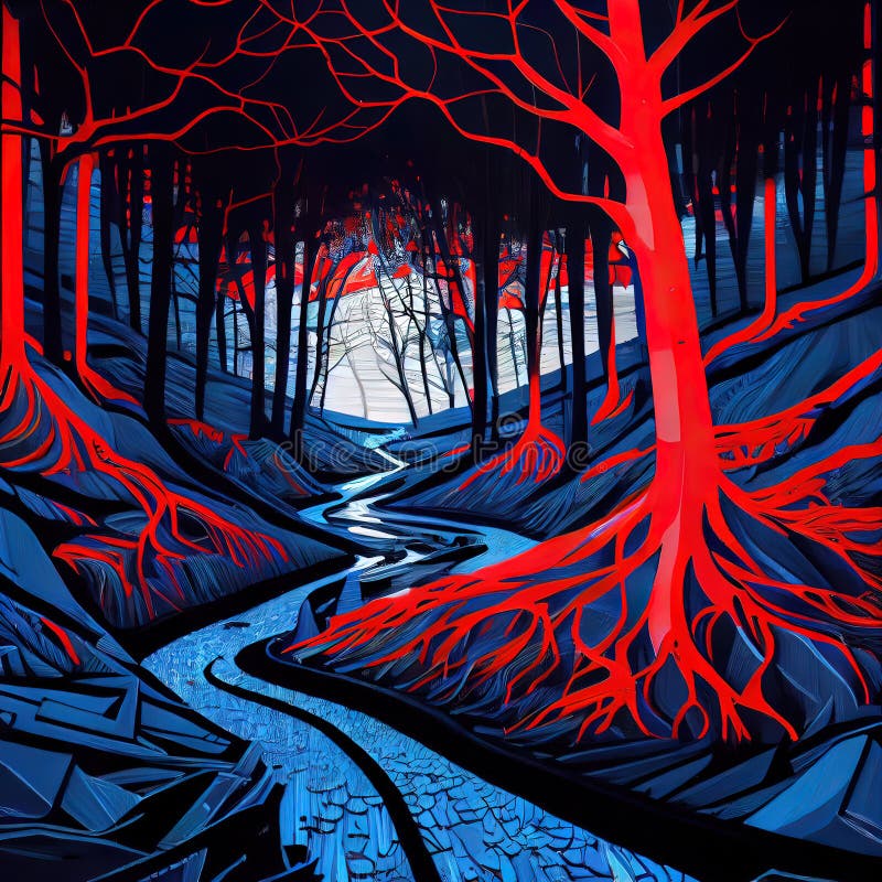 Mystical Red Blue Forest Ai Generated
