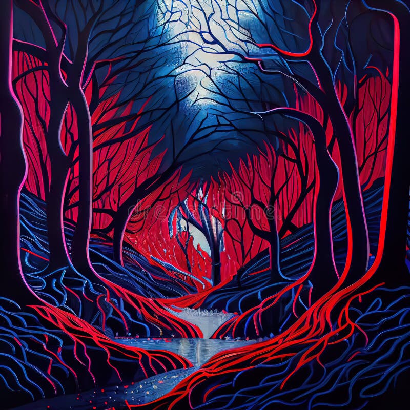 Mystical Red Blue Forest Ai Generated