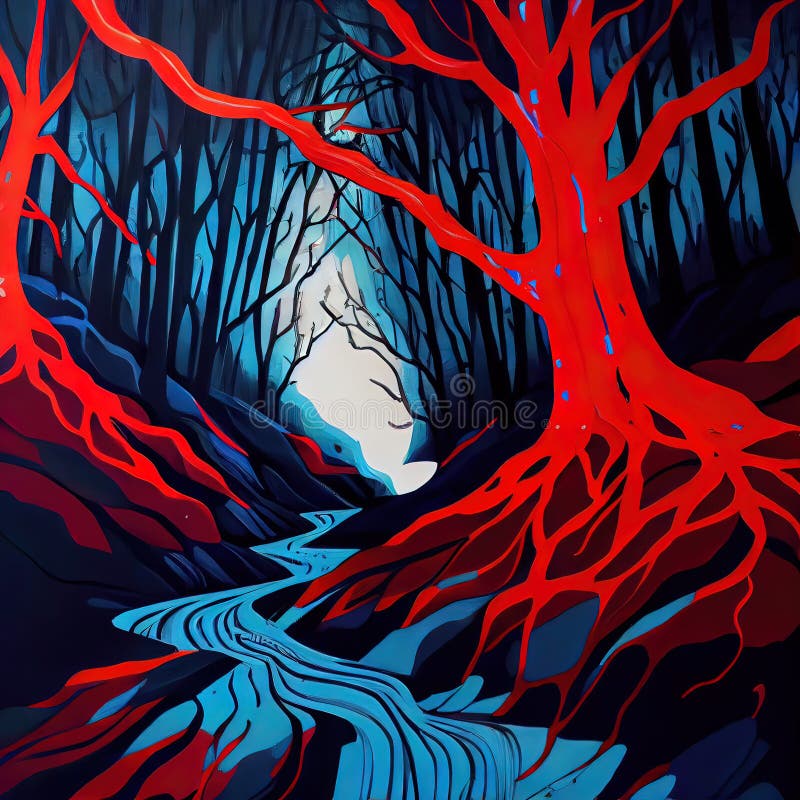 Mystical Red Blue Forest Ai Generated