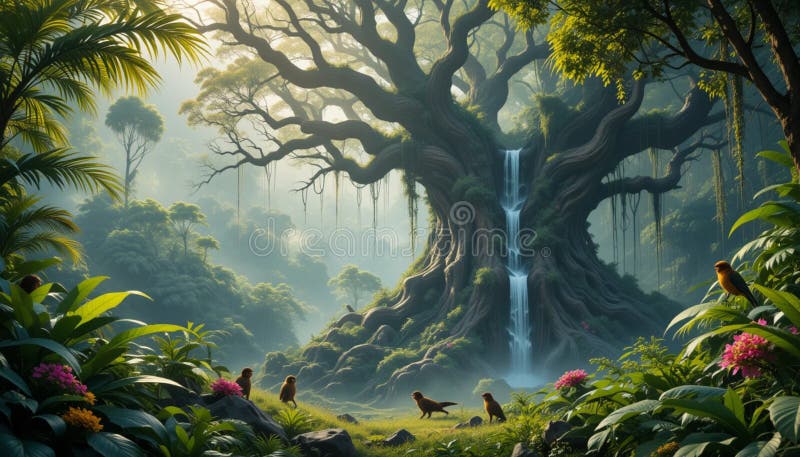 A mystical scene featuring a large, ancient tree with sprawling branches in a lush royalty free illustration