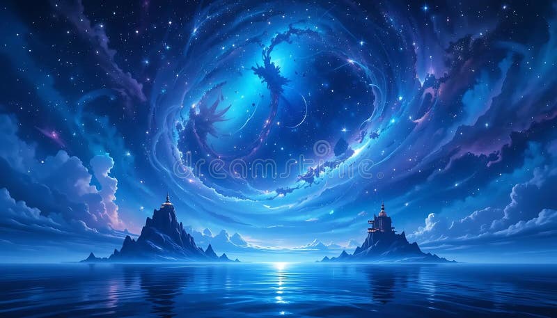 A mystical scene featuring a vibrant, swirling celestial sky dominated by deep vector illustration