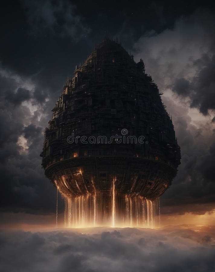 Mystical Shadows Enigmatic Cone-Shaped Structures Piercing White Mist Beneath Ominous Black 