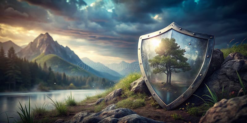 Mystical Silver Shield Double Exposed A Stunning Abstract Fantasy Background for Design Inspiration stock illustration